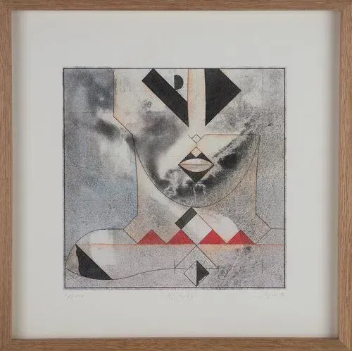 Abstract face artwork in a wood frame; black, red, and gray geometric shapes over a watercolor-like background.