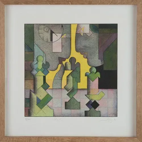 Abstract geometric print with muted colors, featuring figures, shapes, and a clock within a framed setting.