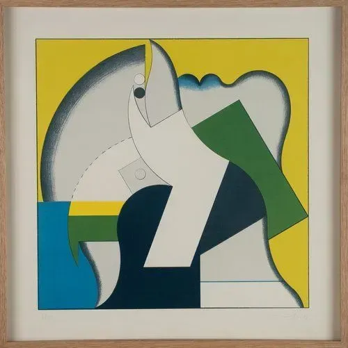 Abstract geometric art with yellow, green, blue, white, and dark blue shapes, framed in light wood.