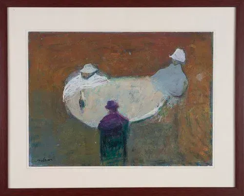 Oil pastel painting of figures; a white oval shape, a purple figure, and two figures wearing hats, set against a brown background.