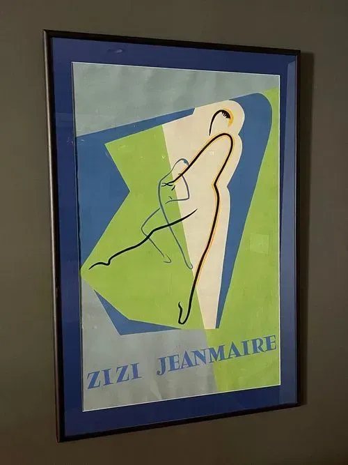 Poster of Zizi Jeanmaire in a modern style with blue, green, and white shapes.