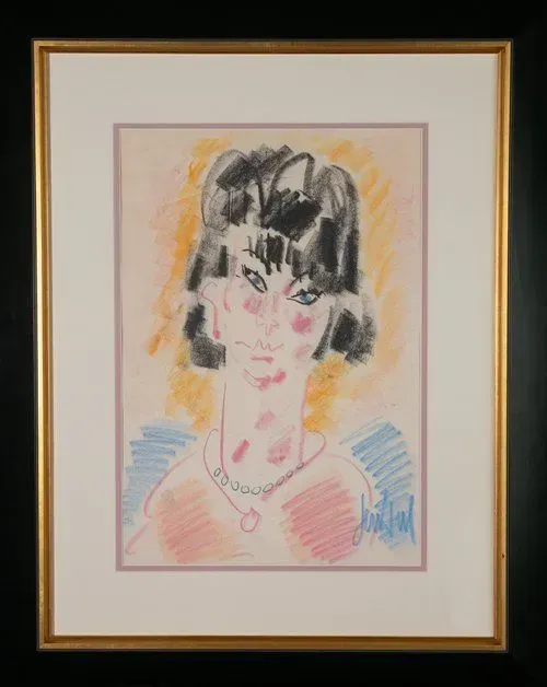 Portrait of a person with dark hair, blush, and a necklace, drawn in pastel with a pink and gold frame.