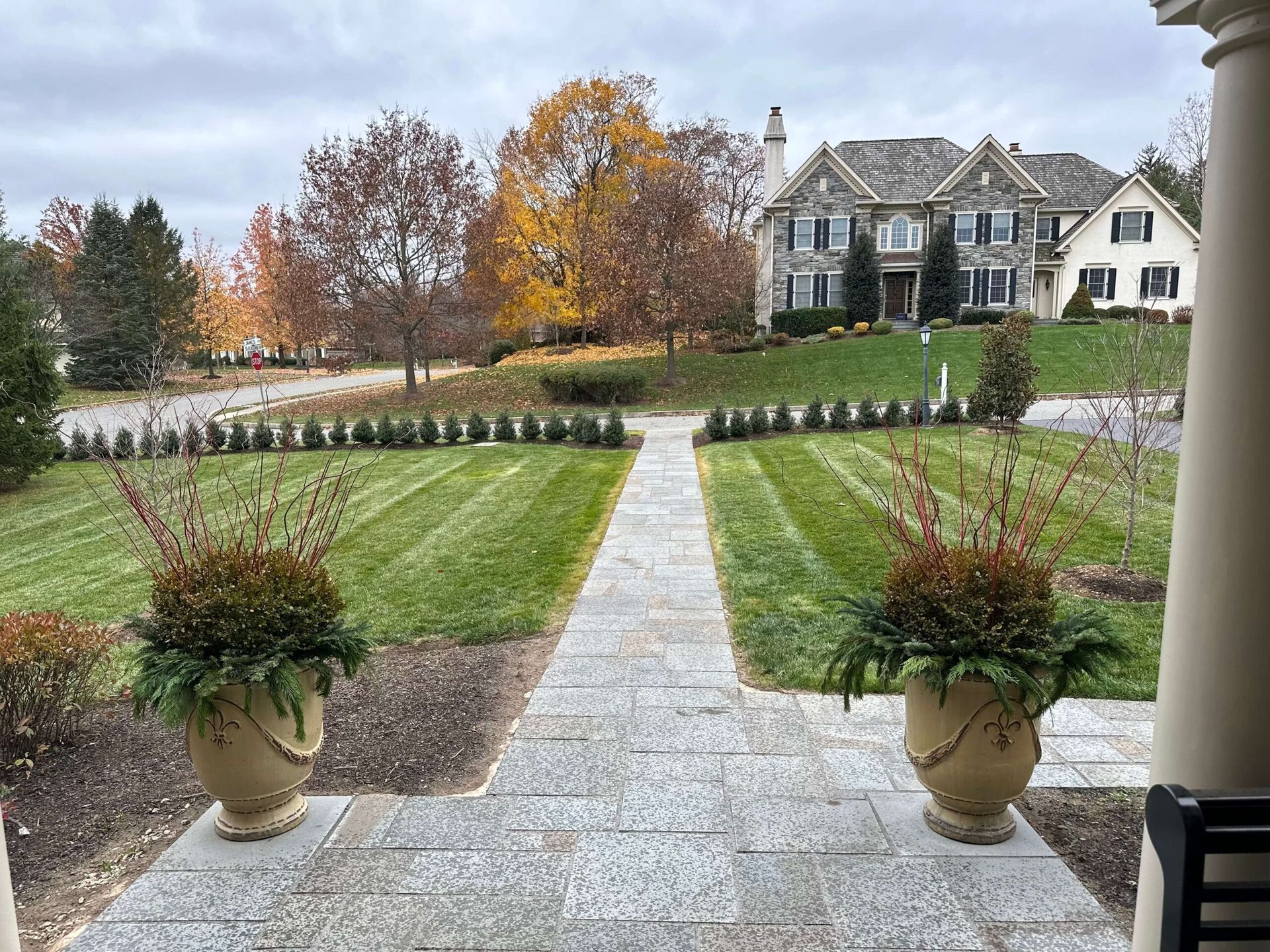 There are two potted plants on the sidewalk in front of a house.