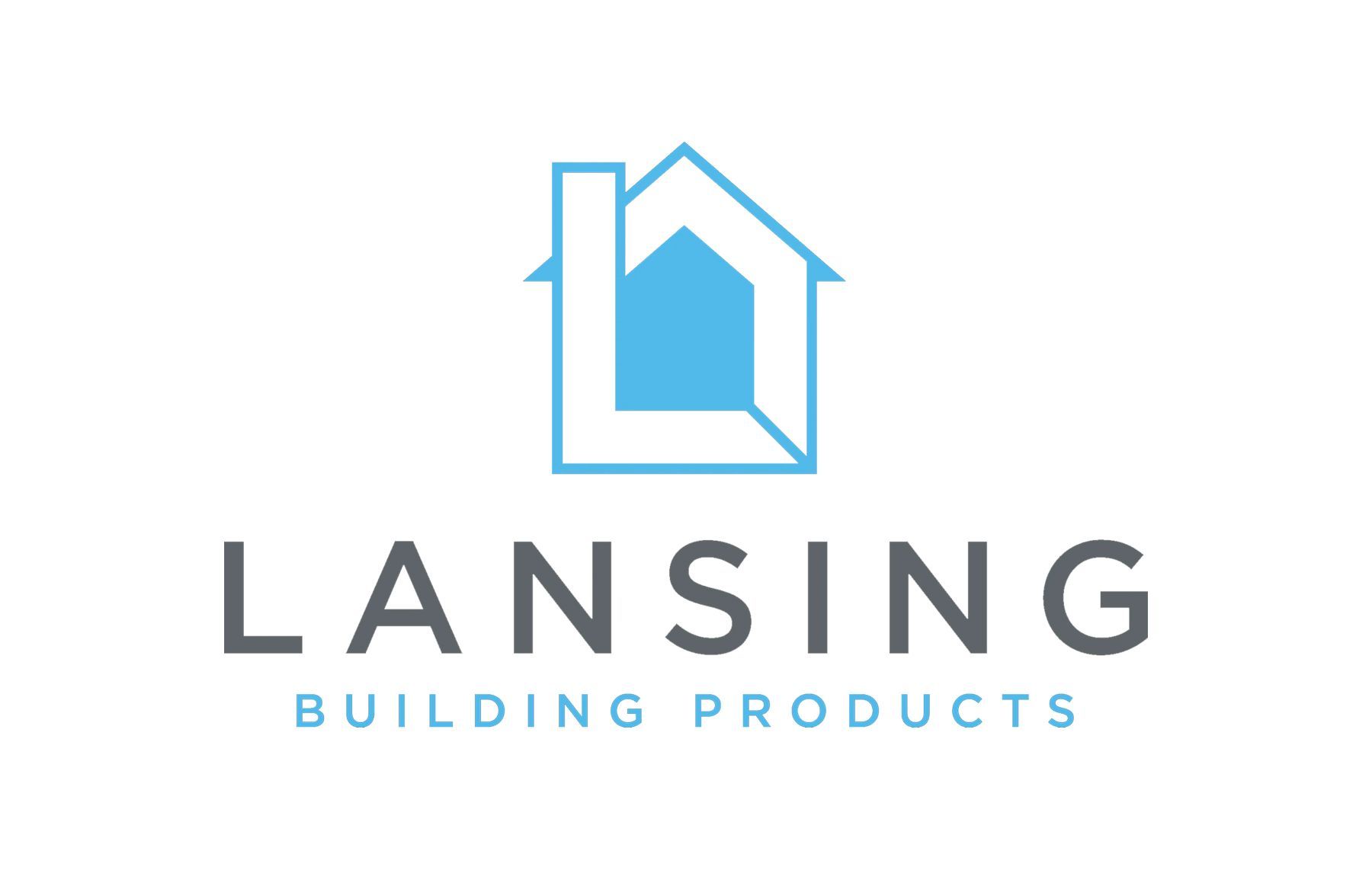 Logo for Lansing Building Products: blue outline of a house with a chimney forming the letter "L".