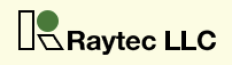 Raytec LLC logo with a rectangular shape, green dot, rhombus, and company name.
