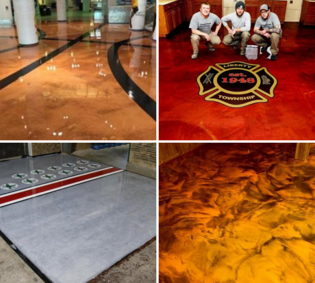 Four examples of epoxy-coated floors with varied colors and embedded logos. One features firefighters.