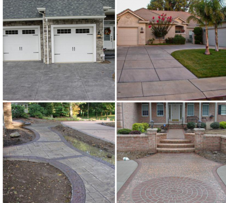 Four images showcasing decorative concrete driveways and walkways.