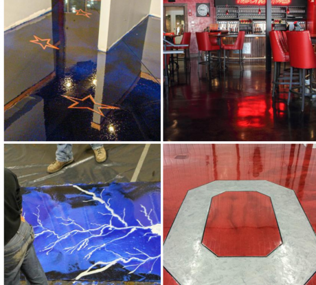 Four images of epoxy-coated floors with stars, a bar, a lightning design, and a red geometric design.