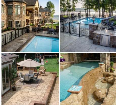 Four luxurious backyard pool areas with different designs and features.