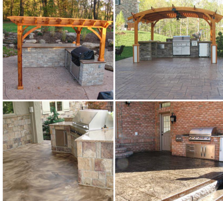 Outdoor kitchens with grills and patios under wooden pergolas and stone or brick structures.