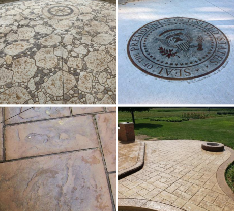 Four images of decorative concrete patios with various patterns and designs.