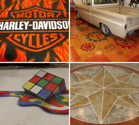Four images showcasing decorative concrete flooring: Harley-Davidson logo, gears, Rubik's cube, and starburst pattern.