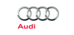 Audi logo with four interlocking silver rings and red 