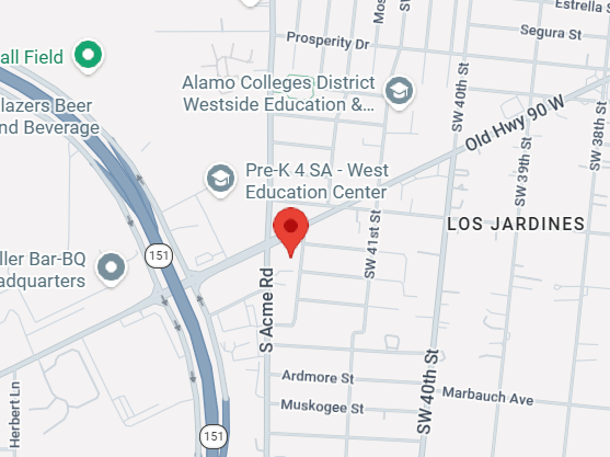 Map showing a red location pin near K-4 SA West Education Center in Los Jardines area