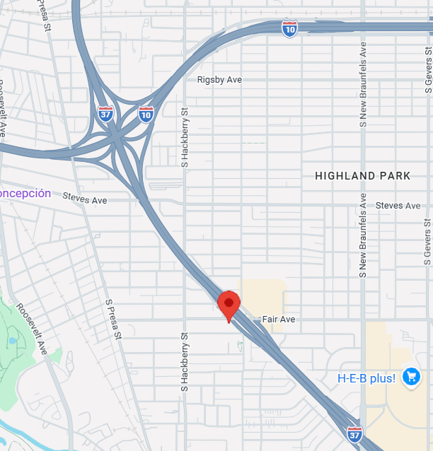Map view of Highland Park with a red location pin near Fair Ave and highways I-110 and I-10.