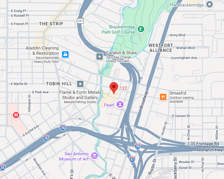 Map showing roads, highway interchanges, and nearby landmarks around downtown with a red location pin