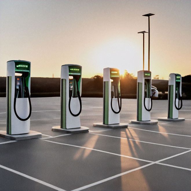 Row of electric vehicle charging stations at sunset in an empty parking lot