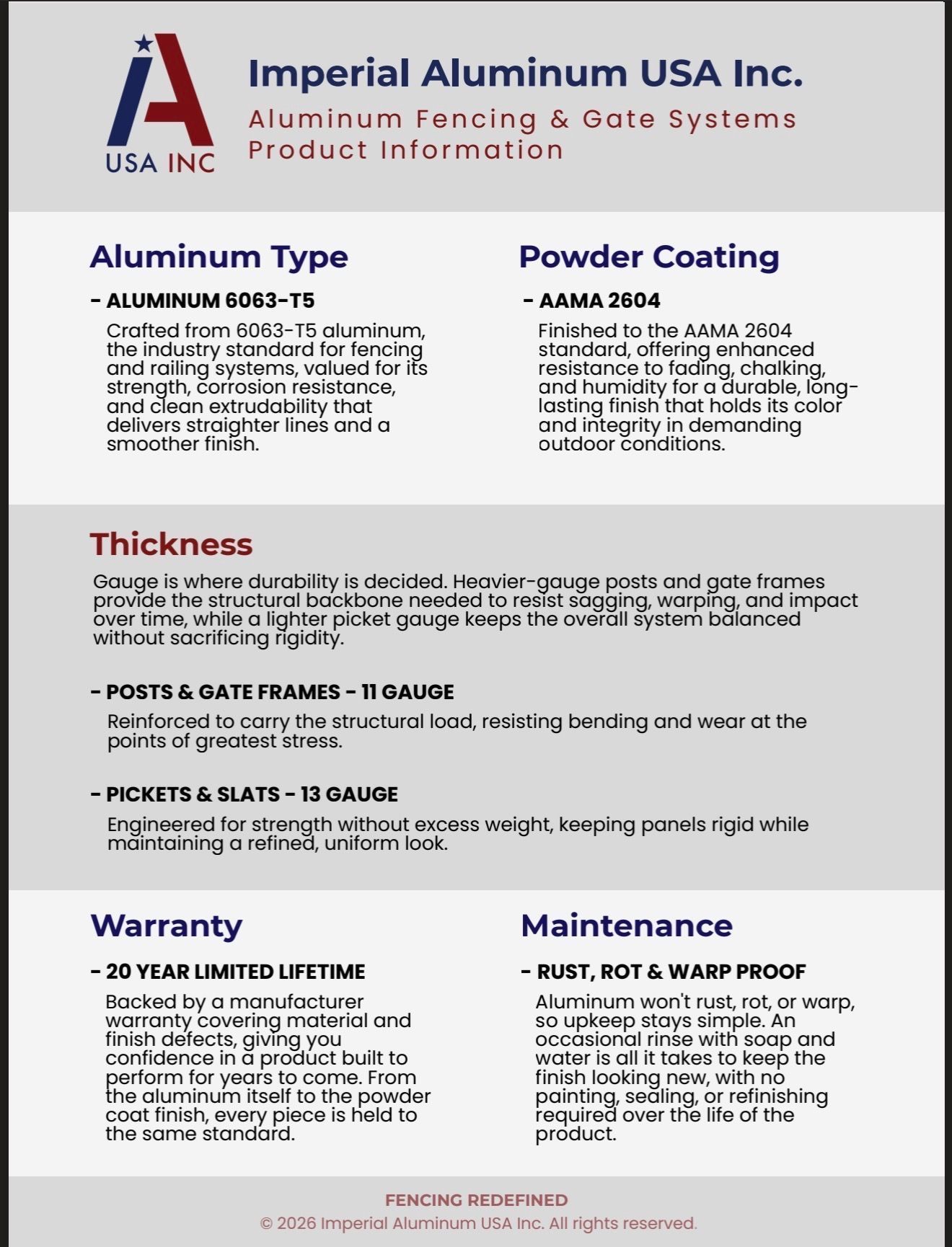 Imperial Aluminum USA Inc. brochure with aluminum types, thickness, warranty, and maintenance details