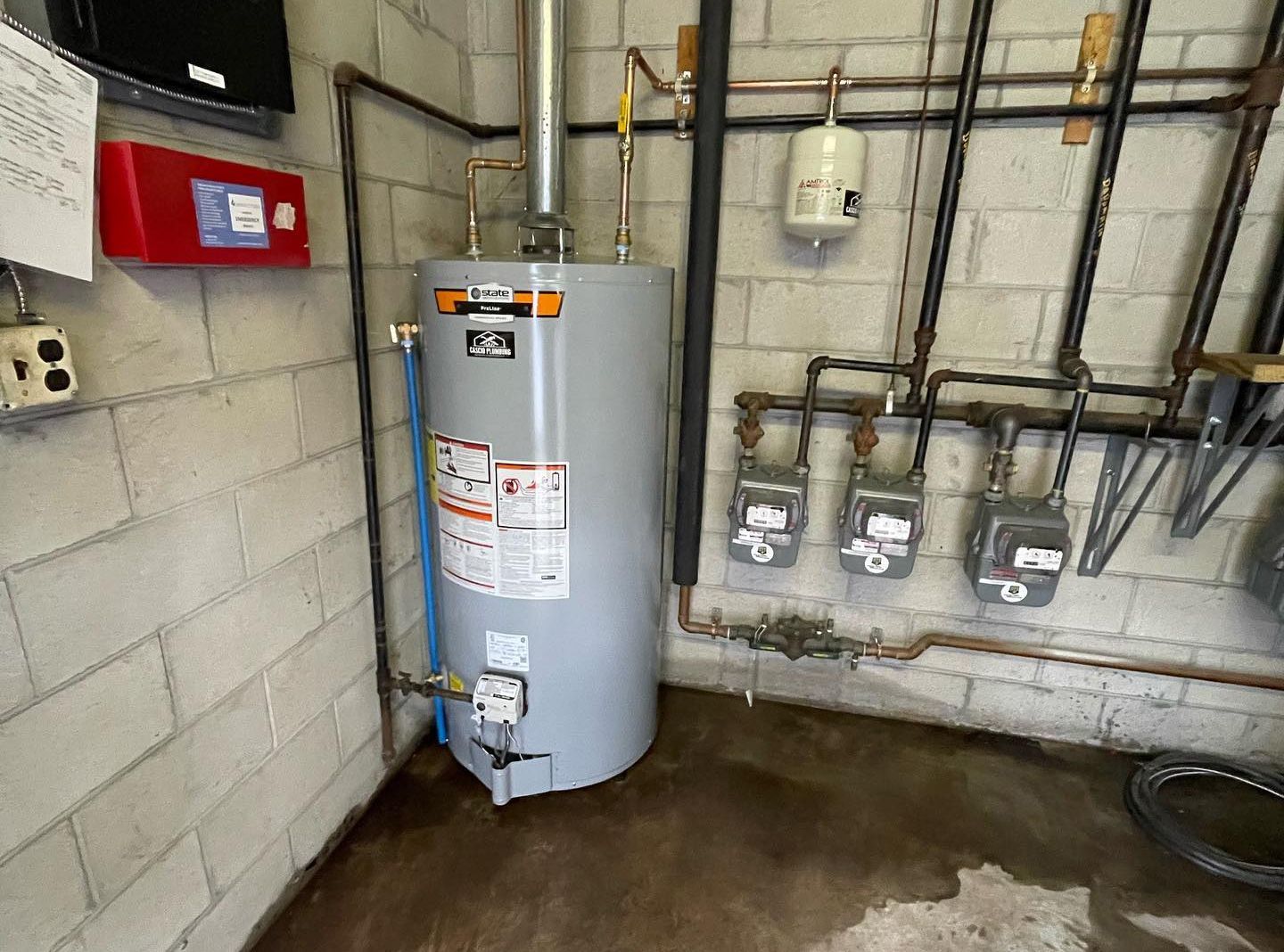 A water heater, gas meters, and pipes are installed on a concrete block wall in an interior space.