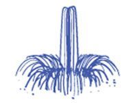 A blue line drawing of a vertical water fountain spraying streams of water outward at the base.