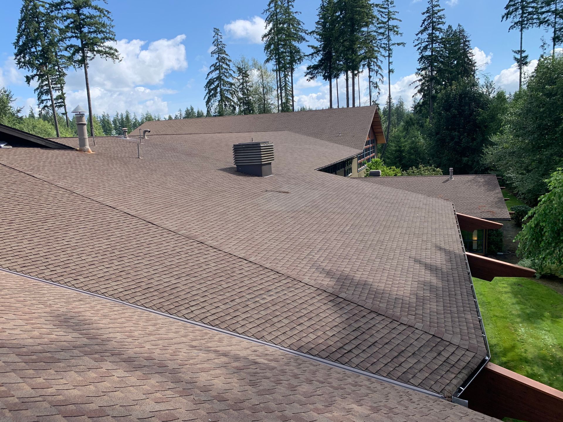 A roof of a house with trees in the background