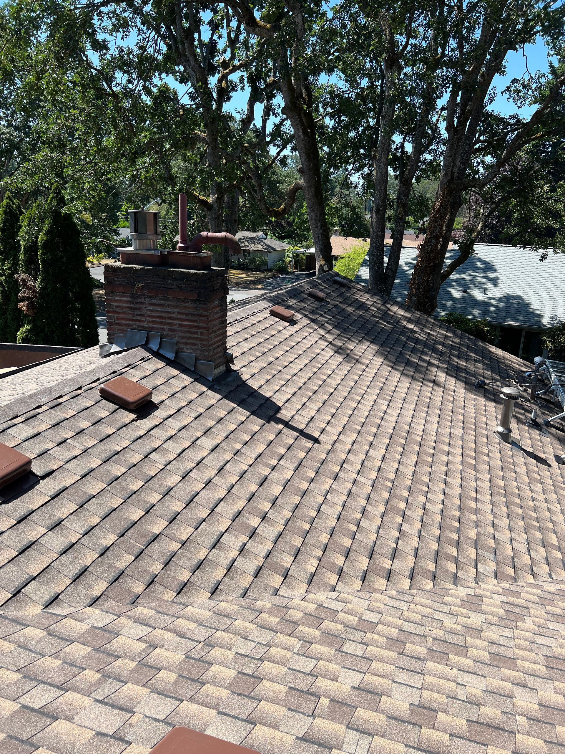 A roof with a chimney on it and trees in the background.
