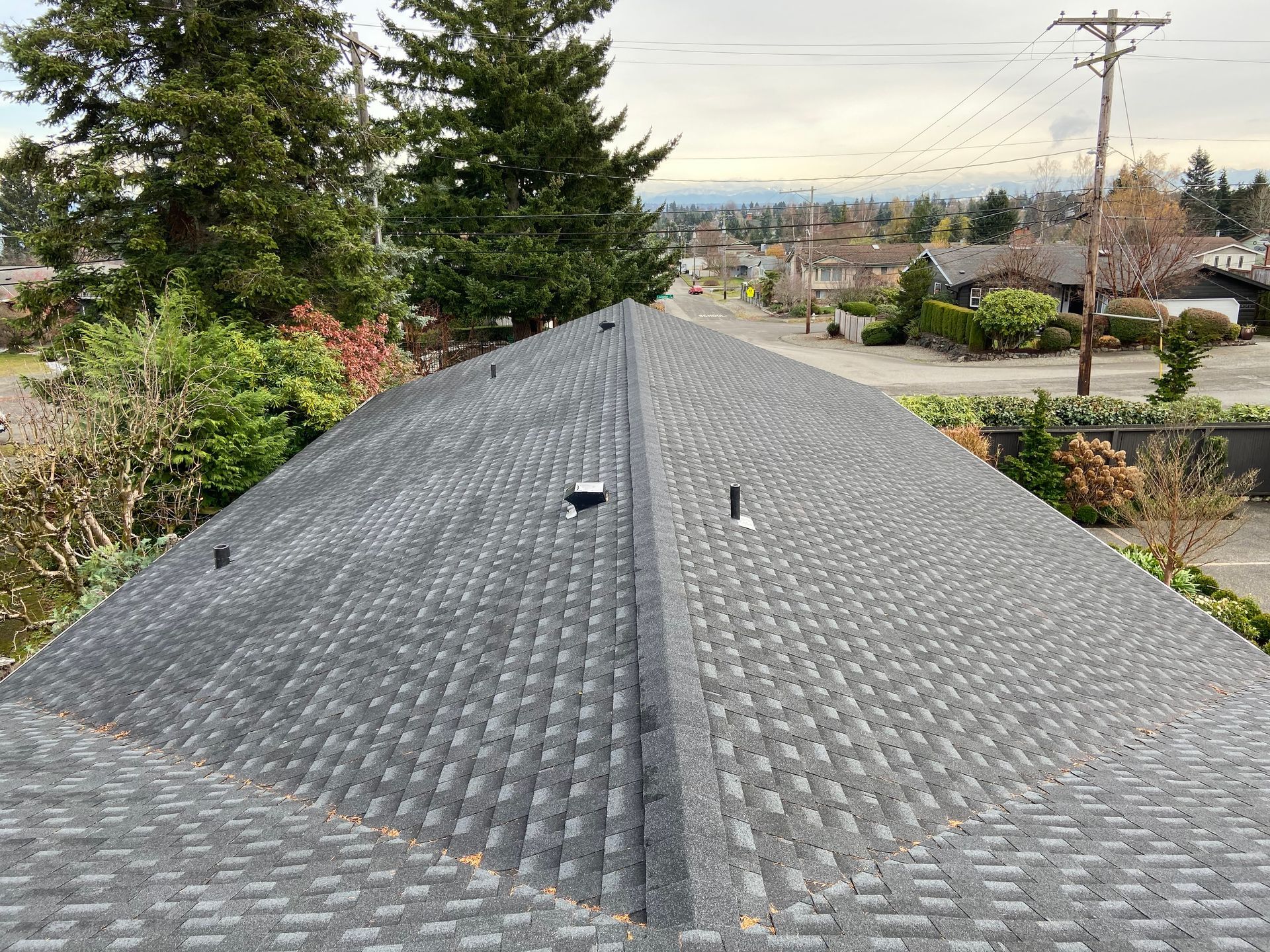 A roof with a view of a city and trees in the background.