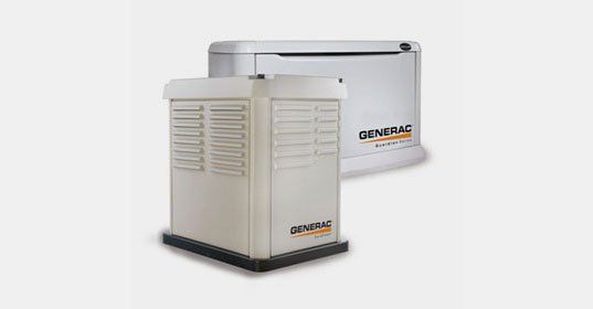 Two Generac generators on white background