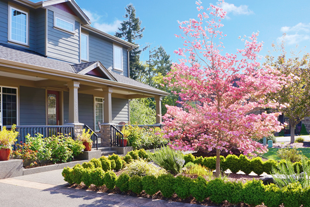 Garden design with a tree and shrubs