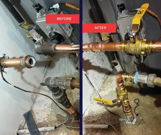 A before and after picture of a gas valve being installed.