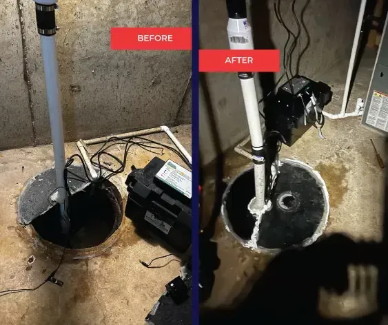 A before and after picture of a sump pump in a basement.