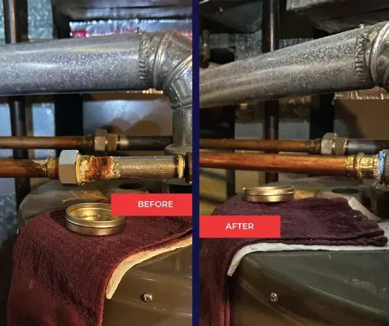 A before and after picture of a rusty pipe.