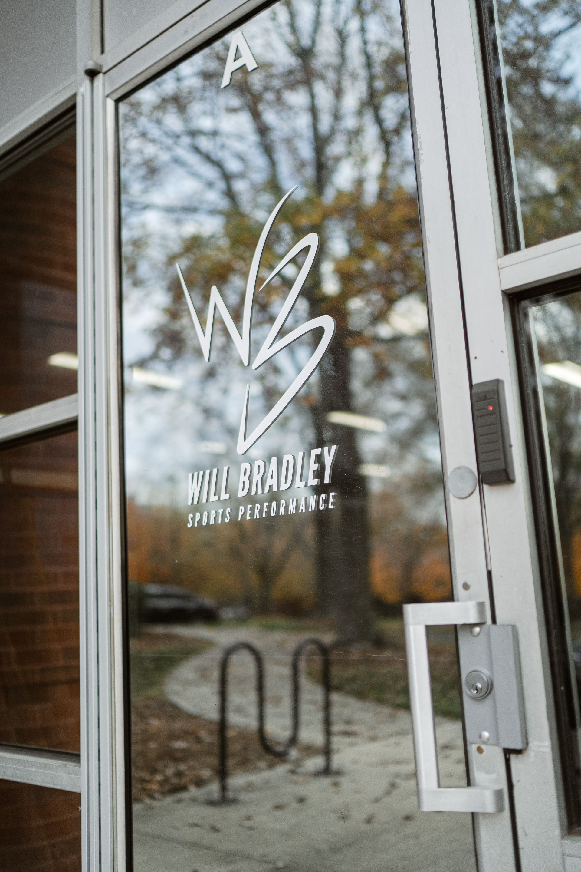 Glass door with a white leaf logo and “MOLBAADET” text, reflecting trees outside