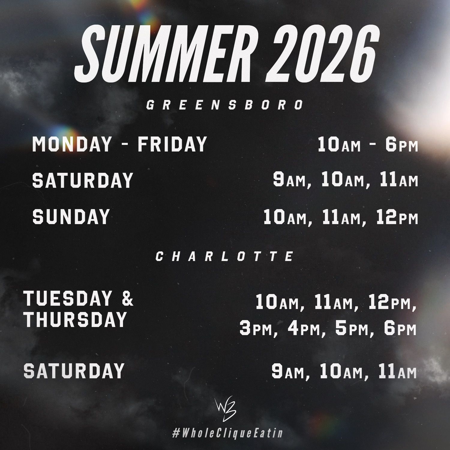 Summer 2026 class schedule poster for Greensboro and Charlotte with days and times listed on a dark background