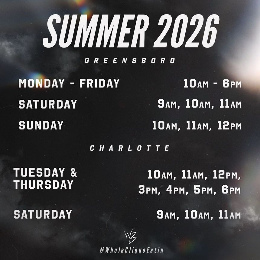 Summer 2026 class schedule poster for Greensboro and Charlotte with days and times listed on a dark background