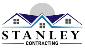 Logo for Stanley Contracting: blue house silhouettes, gray sun, and company name in black.