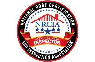 NRIA Certified Roof Inspector badge: Red, white, blue circular logo. Text and stars surround a house symbol.