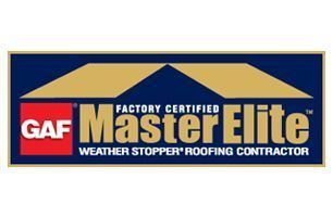 GAF Master Elite Weather Stopper roofing contractor logo in blue, gold, and red.