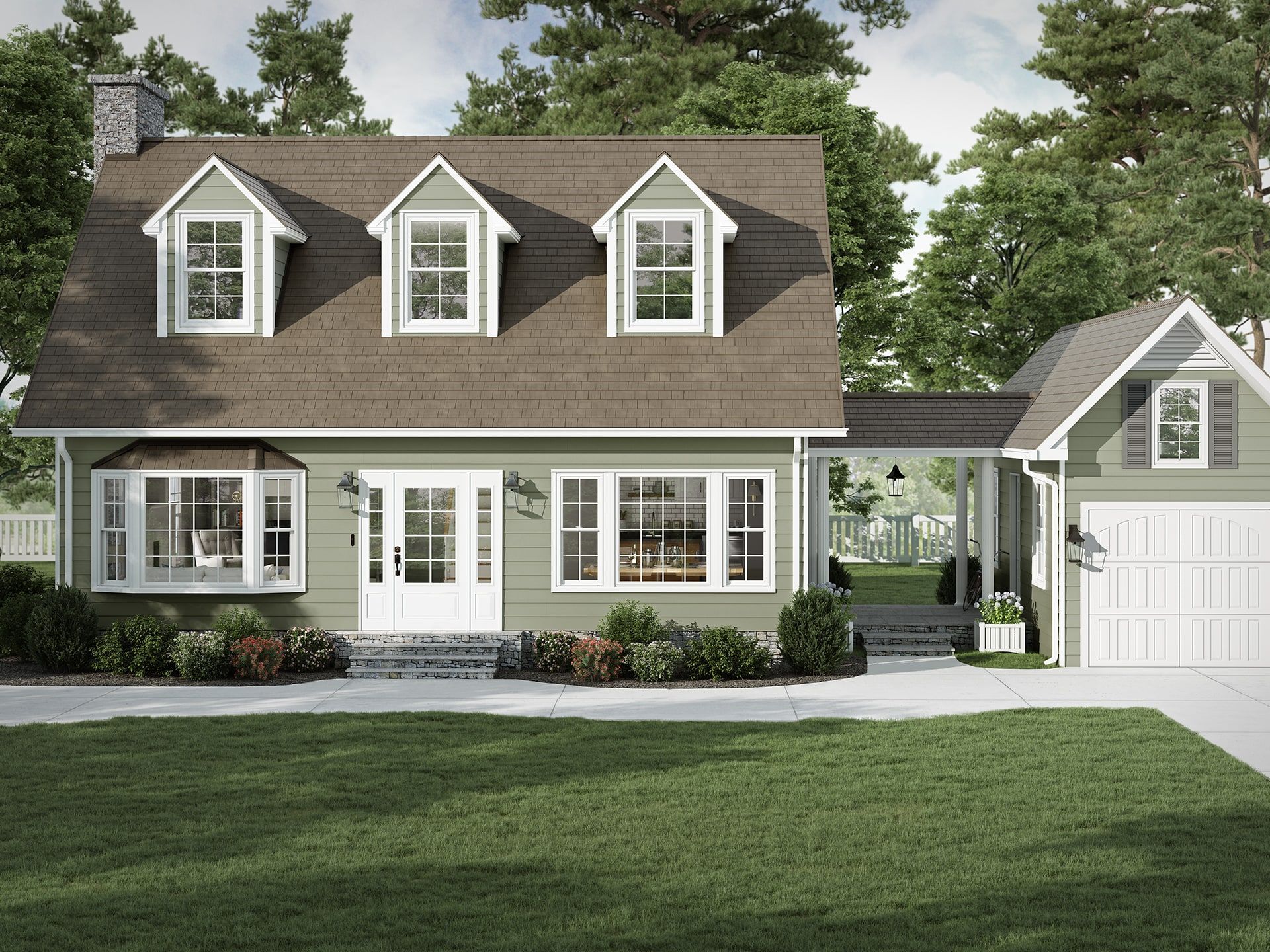White building with multiple windows and latticework skirting, set on green grass.