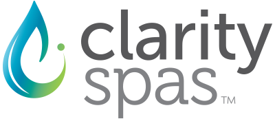 Clarity Spas logo: a blue-green water droplet shape beside the text 