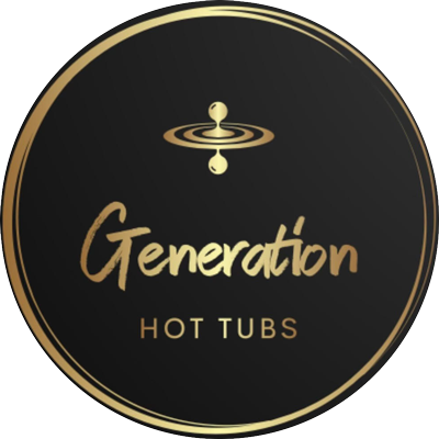 Logo for Generation Hot Tubs. Black circle with gold trim. Gold 