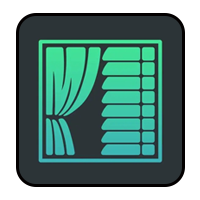 An icon featuring a gradient teal window with an open curtain on the left and horizontal blinds on the right.
