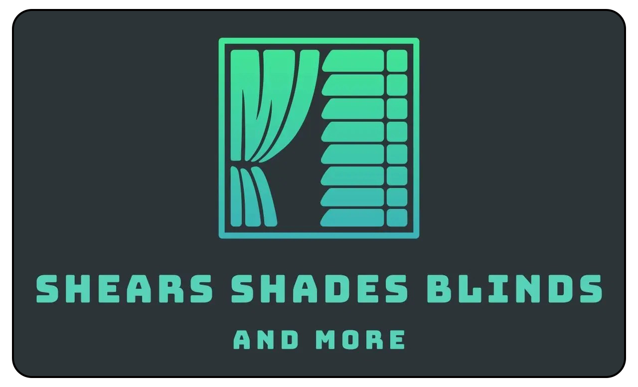 Logo for Shears Shades Blinds and More featuring a turquoise curtain and blind icon over text on a dark background.