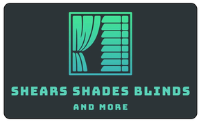Logo for Shears Shades Blinds and More featuring a turquoise curtain and blind icon over text on a dark background.