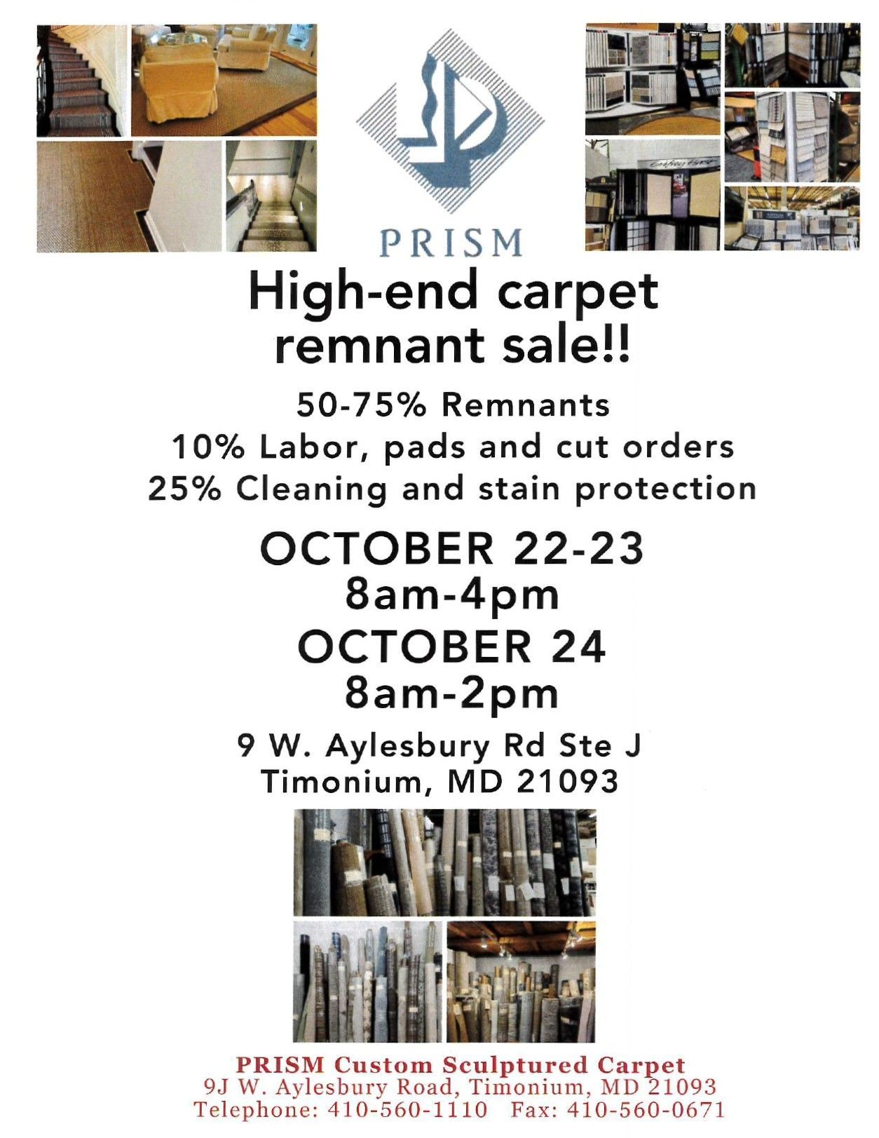 PRISM carpet remnant sale flyer, Oct. 22-23 and 24, with discounts and Timonium, MD address