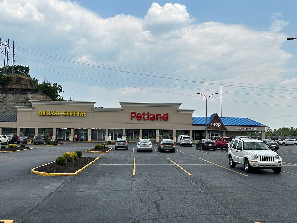 A lot of cars are parked in front of a petland store.