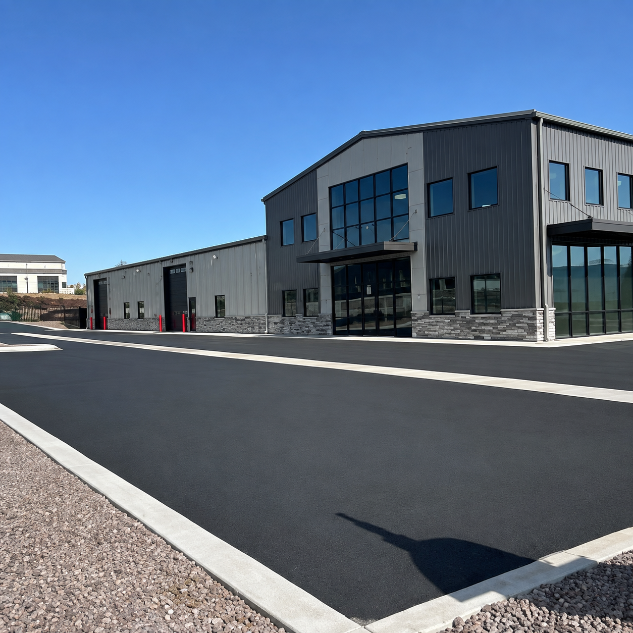 Modern industrial building with dark siding and large windows beside a wide paved road under a clear blue sky
