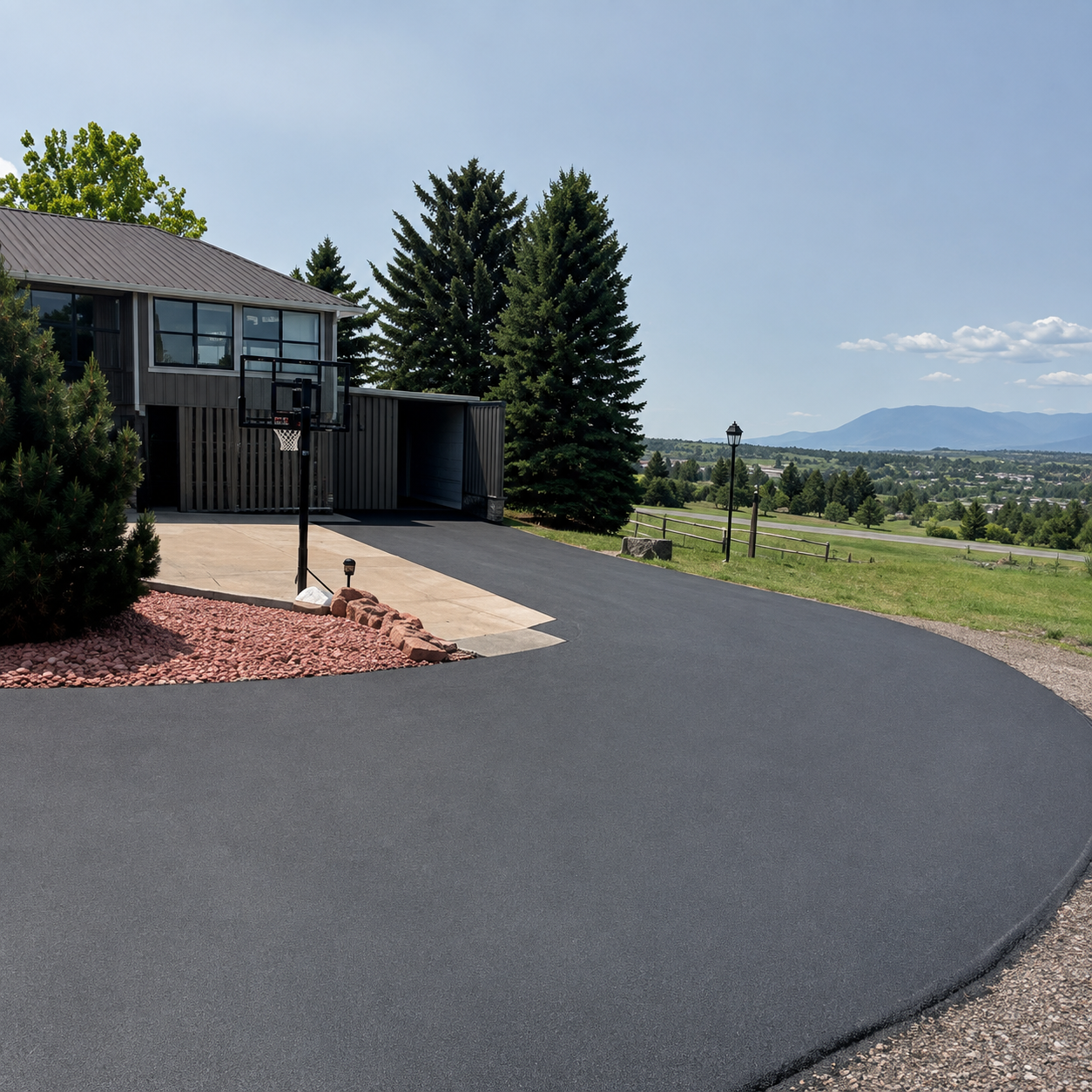Paved driveway beside a house, with trees, lawn, and distant hills under a clear sky.