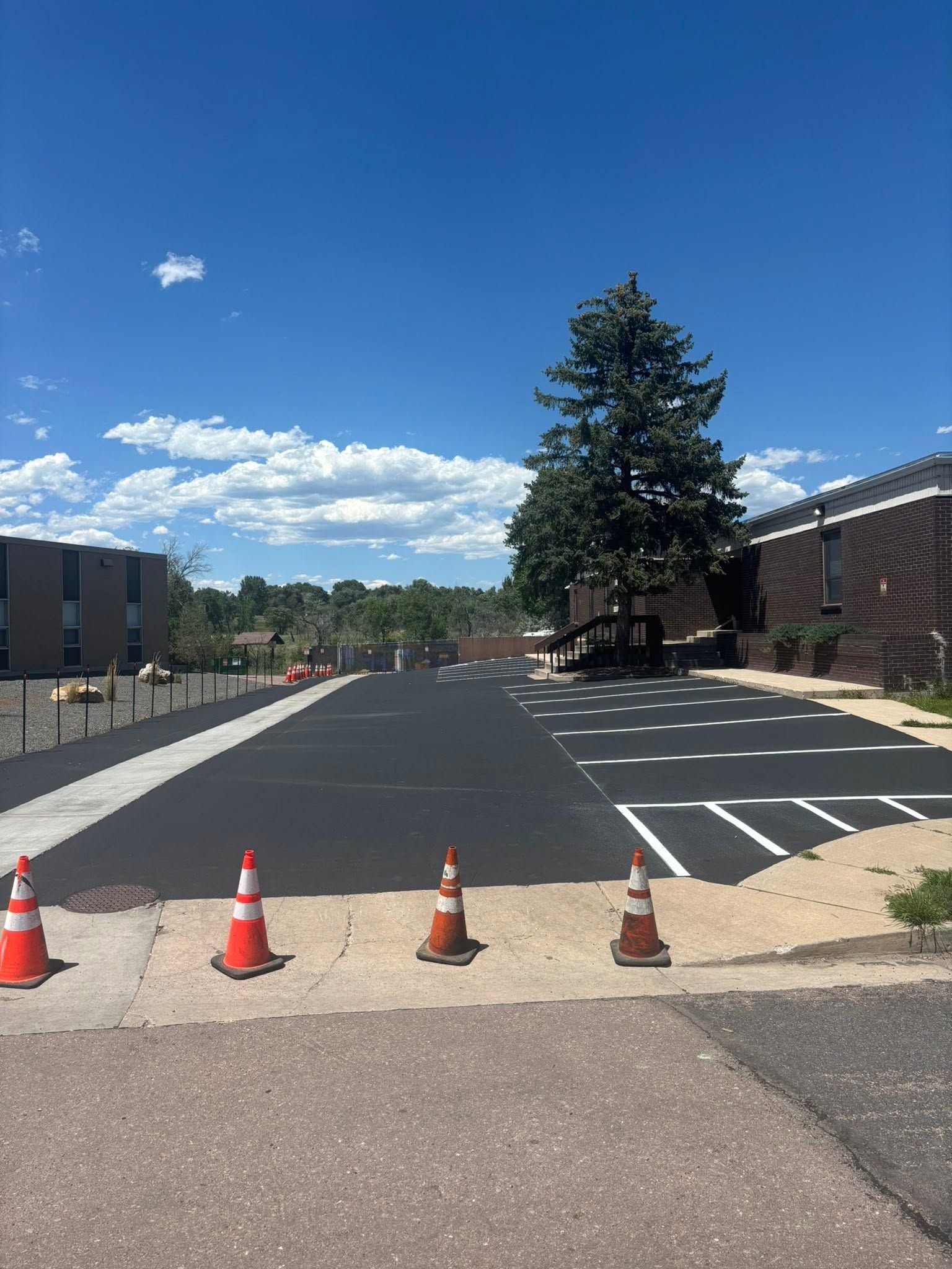 Empty parking lot with orange cones, asphalt markings, brick buildings, and a large tree under a blue sky