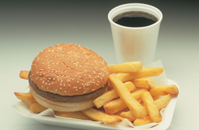 Hamburger, fries and a soda